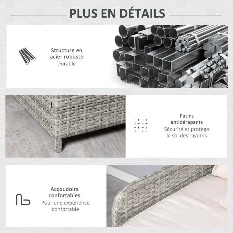 Outsunny Lit canapé double pour jardin en résine tressée PE avec matelas, accoudoirs et 4 coussins dim. 158L x 134l x 70H cm - gris et beige