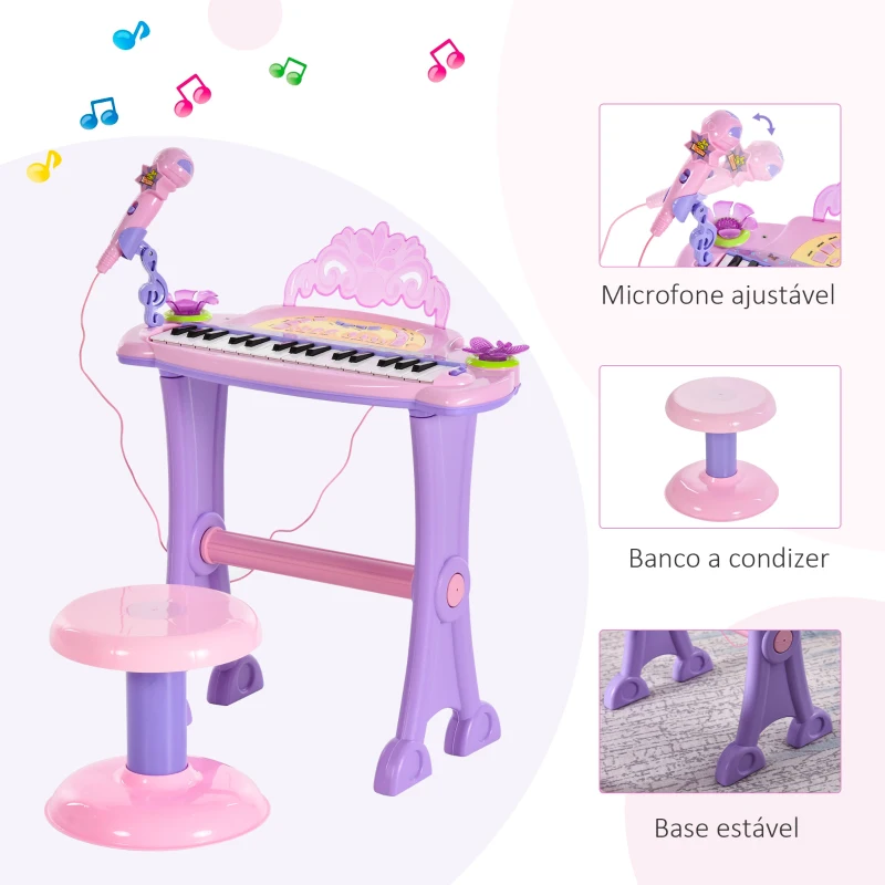 HOMCOM Piano Eléctrico Infantil 32 Teclas Piano Infantil com Microfone Banquinho Luzes Ritmos Sons MP3 Karaoke  Rosa