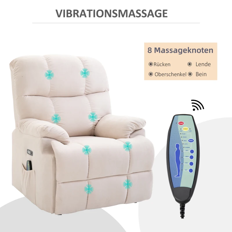 HOMCOM Massagesessel mit Aufstehhilfe, Relaxsessel mit Aufstehhilfe, inkl. Fernbedienung, USB-Schnittstelle, Cremeweiß