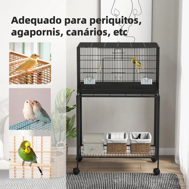 PawHut Gaiola para Pássaros com Rodas 77x46x119 cm Bandeja Amovível 2 Poleiros 2 Comedouros e Prateleira de Armazenamento Preto