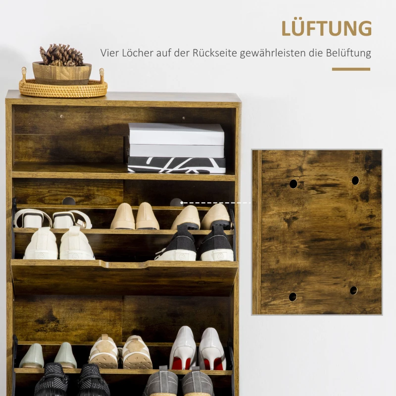 HOMCOM Schuhschrank im Industrie-Design für 12 Paar Schuhe 2 Kippfächer und 4 Regale 60 cm x 24 cm x 102 cm braun