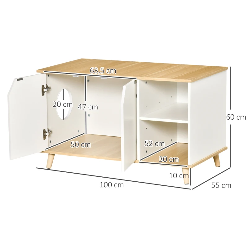 PawHut Katzenschrank für katzentoilette 2 in 1 Design Katzenklo mit Magnettür Beistelltisch Katzenhaus für Katzenbett mit Türöffnung Kiefernholz Eiche+Weiß 100 x 55 x 60 cm