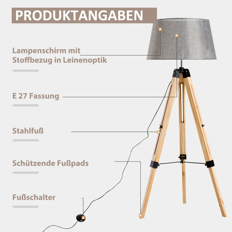 HOMCOM Lampa podłogowa lampa stojąca wysokość 99-143cm salon E27 sosna 2 kolory