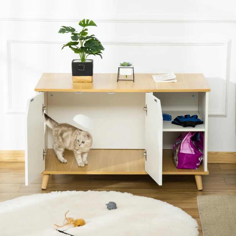 PawHut Katzenschrank für katzentoilette 2 in 1 Design Katzenklo mit Magnettür Beistelltisch Katzenhaus für Katzenbett mit Türöffnung Kiefernholz Eiche+Weiß 100 x 55 x 60 cm