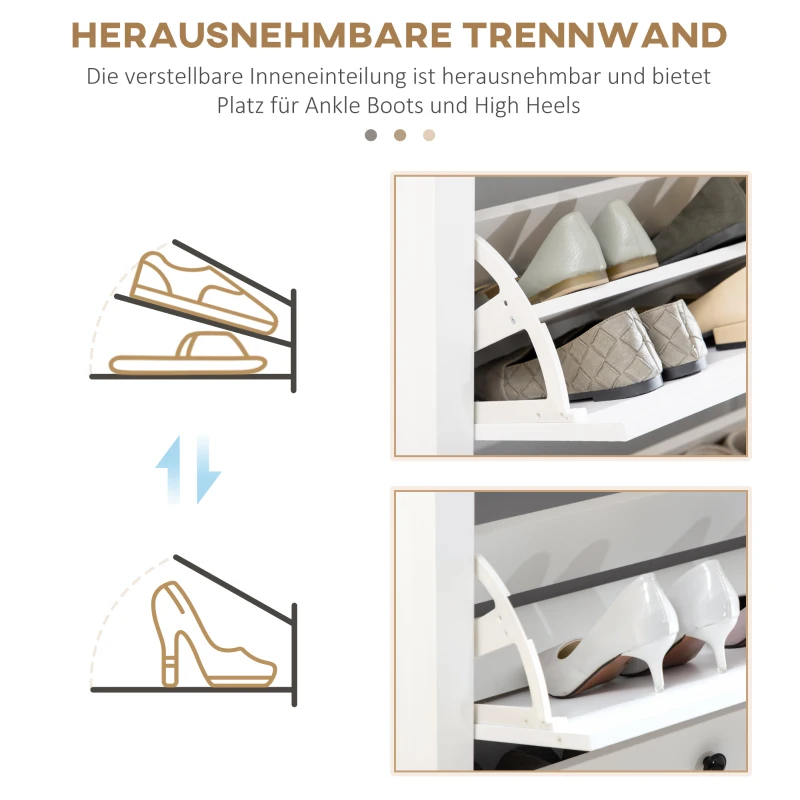 HOMCOM Schuhschrank mit 3 Kippfächern, verstellbare Einlegeböden, 70 cm x 26 cm x 123 cm, Weiß