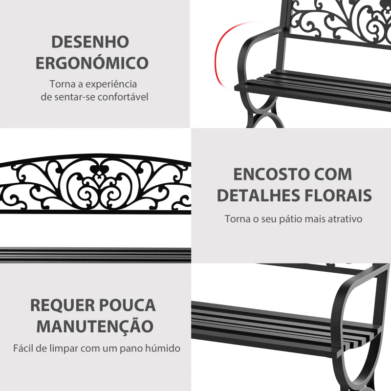 Outsunny Banco de jardim de 2 lugares Banco de terraço de ferro com design clássico 127x60x85cm Preto