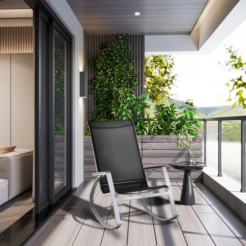 Outsunny Sedia a Dondolo da Giardino, Sedia a Dondolo per Esterni Impermeabile e Antiruggine, Nera, 107x60x93cm