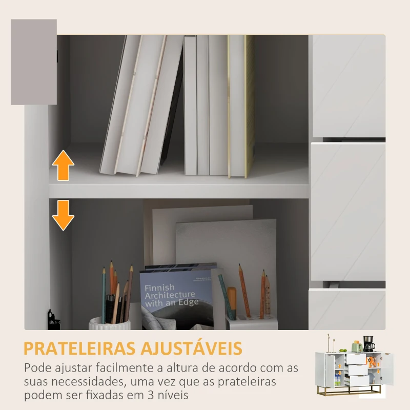HOMCOM Aparador Auxiliar Armário de Armazenamento com 3 Gavetas e 2 Armários com Prateleira Ajustável 120x40x76 cm Branco