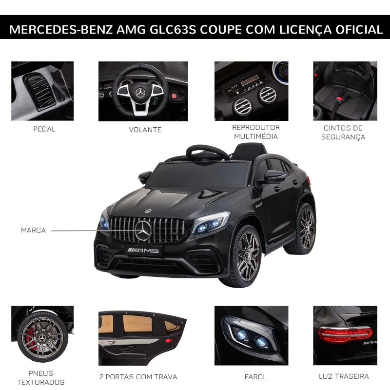 HOMCOM Carro Elétrico Mercedes AMG 12V para Crianças de 3-5 Anos com Controle Remoto Música Luzes Abertura da Porta 115x70x55cm Preto