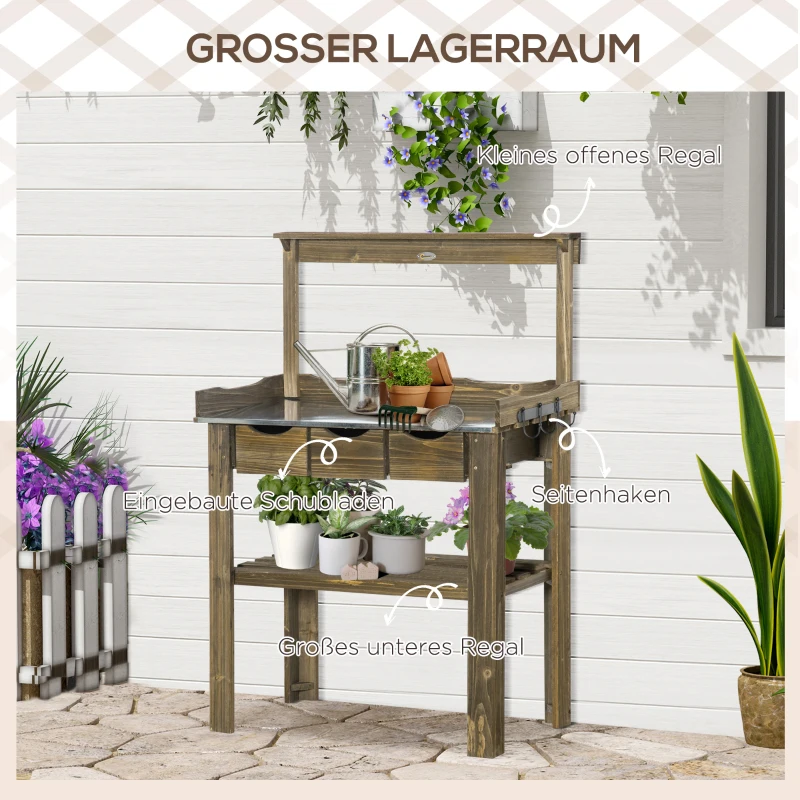 Outsunny tuintafel met drie lades en metalen werkblad, verkoold, 78 x 38 x 112 cm