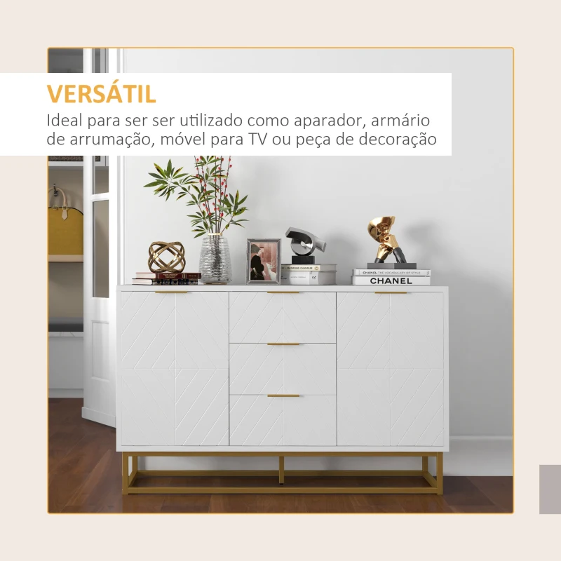 HOMCOM Aparador Auxiliar Armário de Armazenamento com 3 Gavetas e 2 Armários com Prateleira Ajustável 120x40x76 cm Branco