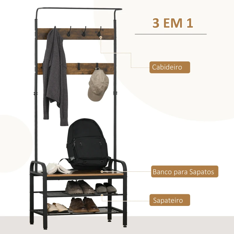 HOMCOM Móvel Cabide de Entrada com 8 Ganchos e Sapateira Armário de Entrada com Cabides 72x34x185cm Marrom e Preto