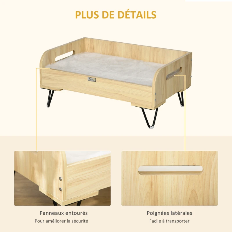 PawHut Canapé lit pour chien chat design dim. 70L x 45l x 31,5H cm piètement métal avec coussin moelleux 2 poignées latérales MDF blanc et aspect bois