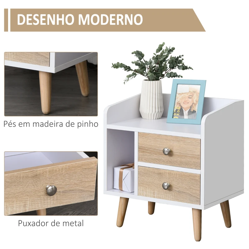 HOMCOM Mesa de Cabeceira com 2 Gavetas Grandes 1 Prateleira Aberta e Pés Elevados Estilo Nórdico 43x30x49 cm Branco e Madeira