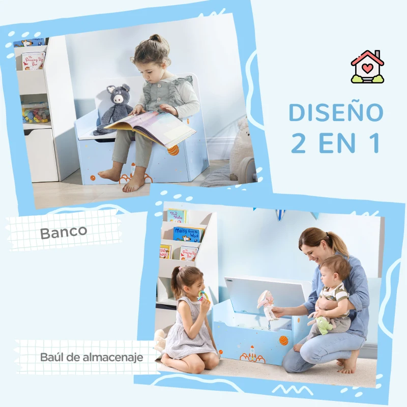 ZONEKIZ 2 en 1 Banco Infantil con Baúl de Almacenamiento para Niños de +18 Meses Carga 50 kg 60x30x50 cm Azul