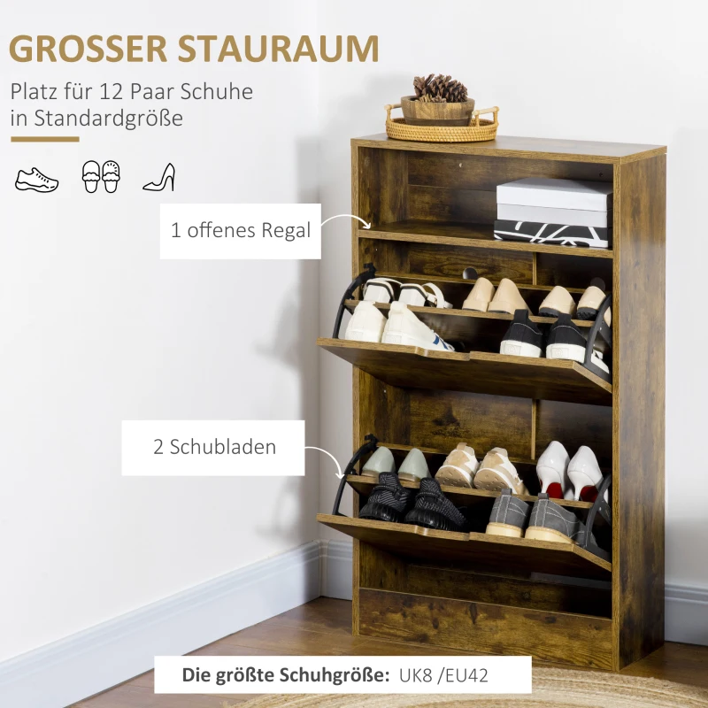 HOMCOM Schuhschrank im Industrie-Design für 12 Paar Schuhe 2 Kippfächer und 4 Regale 60 cm x 24 cm x 102 cm braun