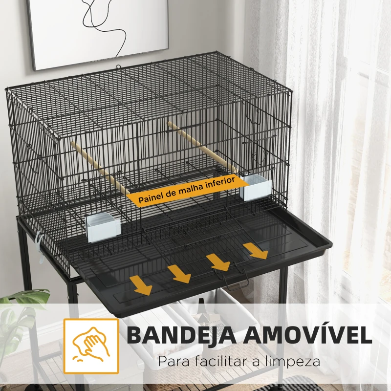 PawHut Gaiola para Pássaros com Rodas 77x46x119 cm Bandeja Amovível 2 Poleiros 2 Comedouros e Prateleira de Armazenamento Preto