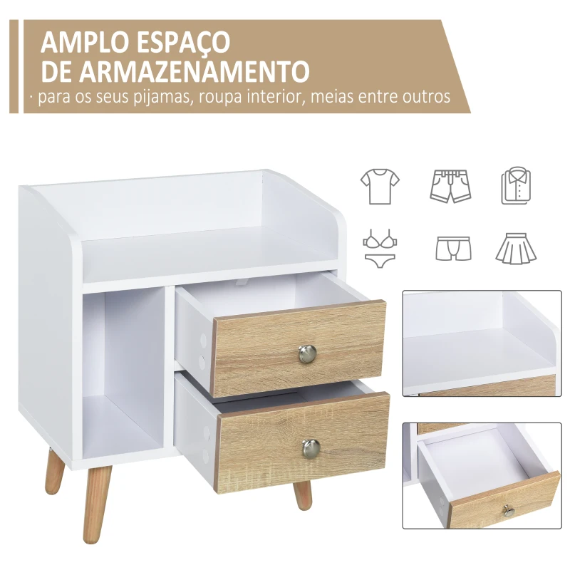 HOMCOM Mesa de Cabeceira com 2 Gavetas Grandes 1 Prateleira Aberta e Pés Elevados Estilo Nórdico 43x30x49 cm Branco e Madeira