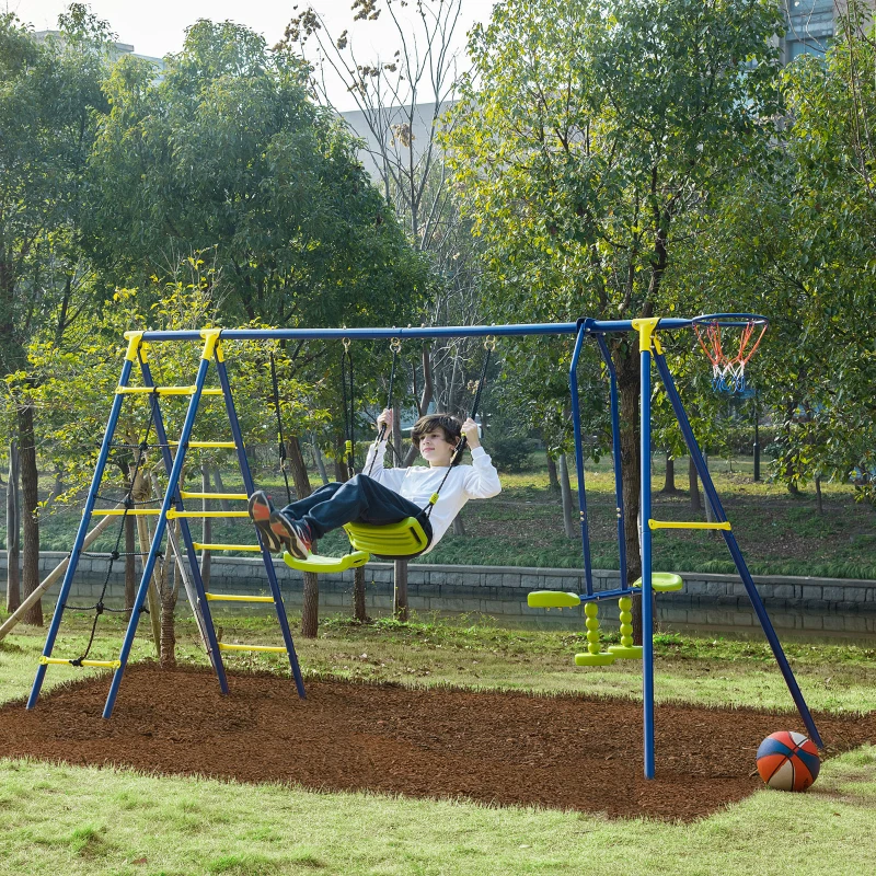 Outsunny Juego de Columpios Infantil de Metal con 2 Asientos Doble Balancín Escalera Torre de Escalada y Canasta Parque de Jardín para Niños +3 Años 315x138x175 cm Multicolor