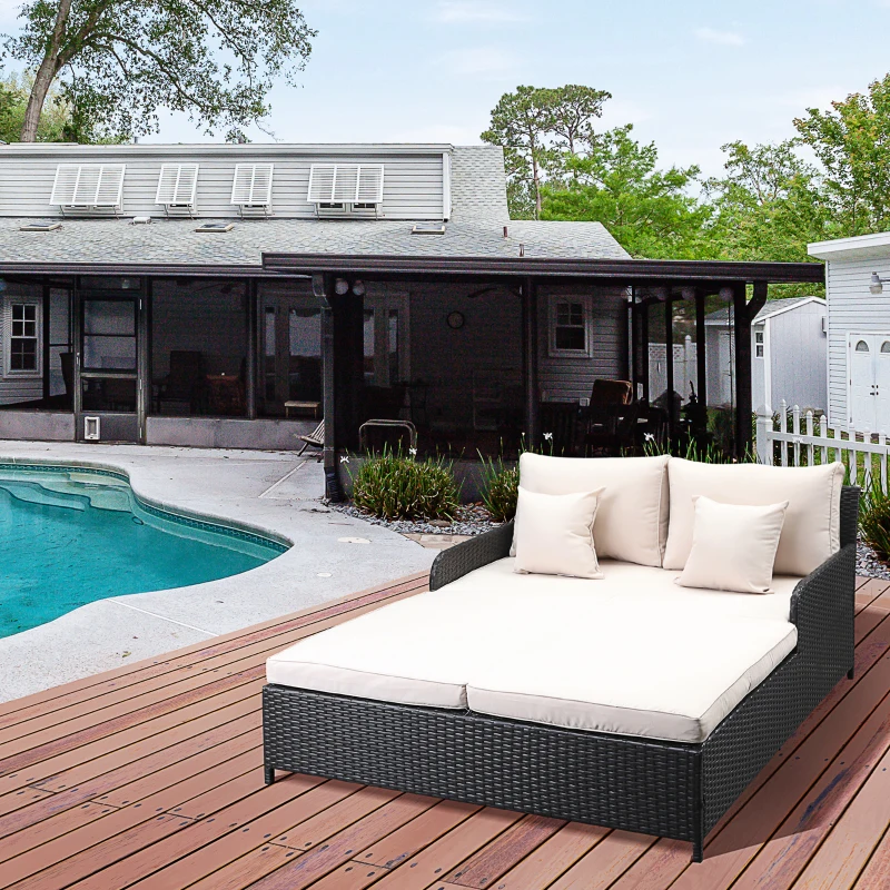 Outsunny Lit canapé double pour jardin en résine tressée PE avec matelas, accoudoirs et 4 coussins dim. 158L x 134l x 70H cm - brun foncé et crème