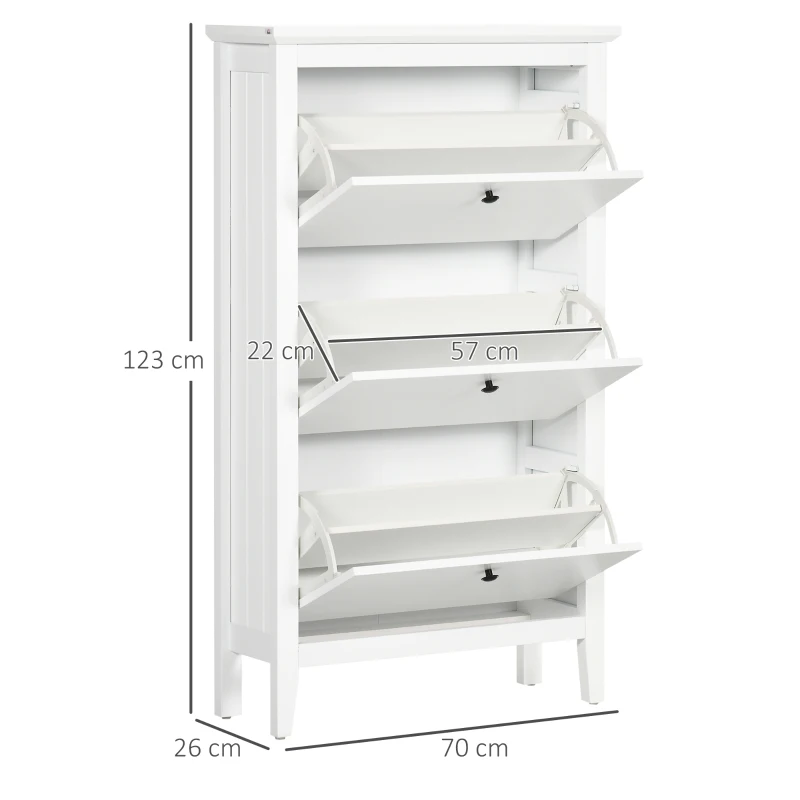 HOMCOM Schuhschrank mit 3 Kippfächern, verstellbare Einlegeböden, 70 cm x 26 cm x 123 cm, Weiß