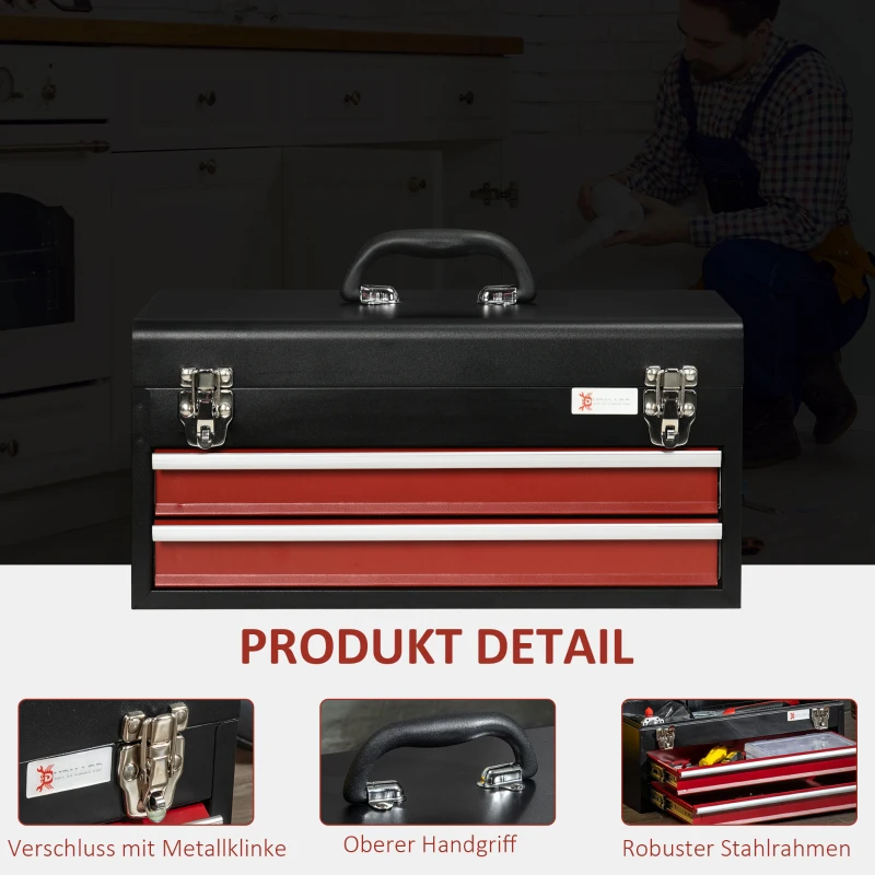 DURHAND Gereedschapskoffer, gereedschapskist, 2 laden, afsluitbaar, stalen behuizing, zwart+rood, 46 x 24 x 22cm