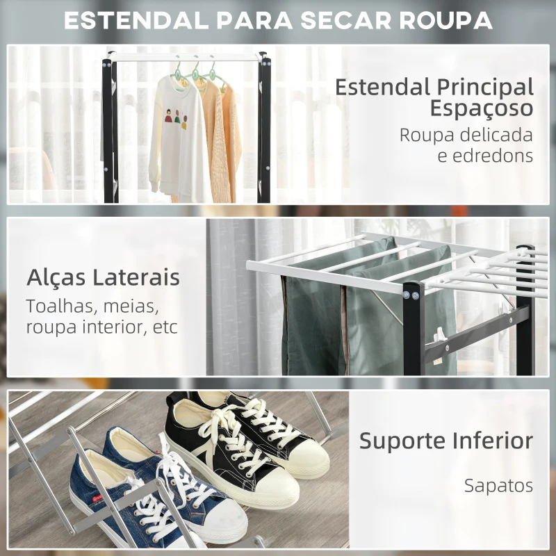 HOMCOM Estendal de Roupa Dobrável de Alumínio Móvel com 4 Alças Laterais Prateleira para Sapatos 4 Rodas com Freios 157,5x54x101cm Branco