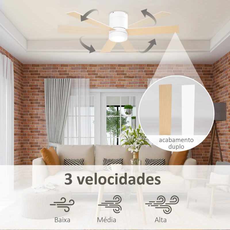 HOMCOM Ventoinha de Teto 48W com Luz LED Controle Remoto 3 Velocidades Temporizador 3 Lâminas de Madeira Ø112x25cm Branco