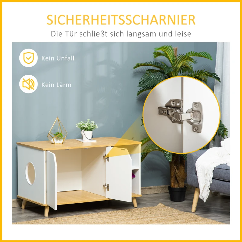 PawHut Katzenschrank für katzentoilette 2 in 1 Design Katzenklo mit Magnettür Beistelltisch Katzenhaus für Katzenbett mit Türöffnung Kiefernholz Eiche+Weiß 100 x 55 x 60 cm