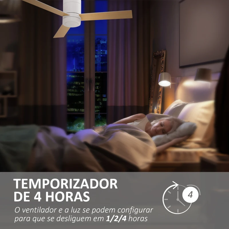 HOMCOM Ventoinha de Teto 48W com Luz LED Controle Remoto 3 Velocidades Temporizador 3 Lâminas de Madeira Ø112x25cm Branco