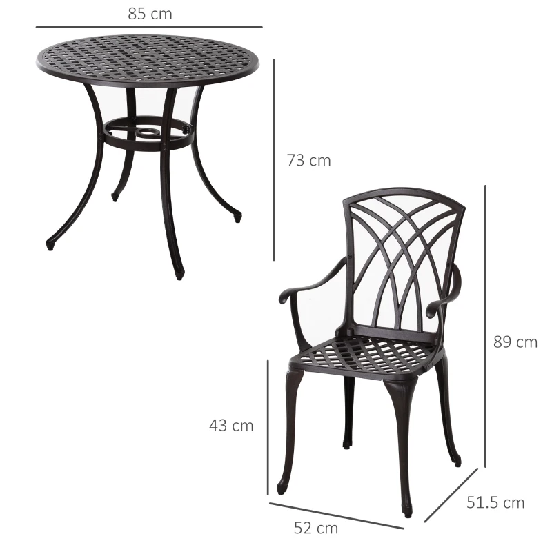 Outsunny 5 Pieces Outdoor Dining Table Set, Cast Aluminium Patio Conversation Furniture Set with 4 Armchairs, a Round Dining Table with Parasol Hole, Brown