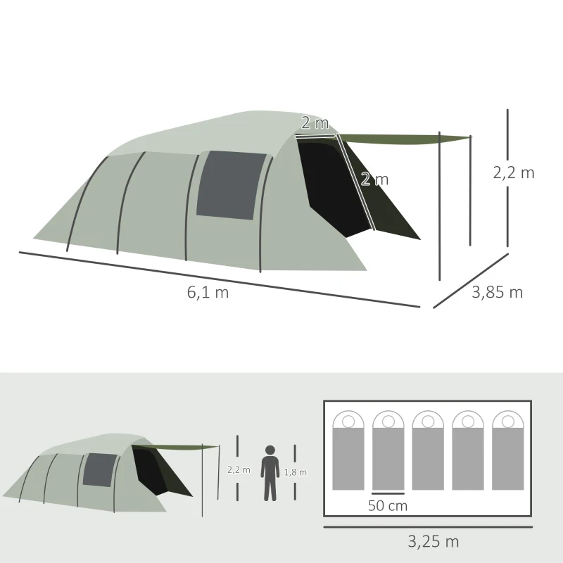 Outsunny Tenda de Campismo para 4-6 Pessoas Impermeável PU2000 com Proteção UV30+ e Bolsa de Transporte 610x385x220 cm Verde