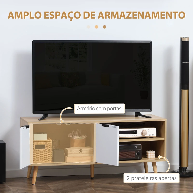 HOMCOM Móvel de TV Moderno com 2 Portas e 2 Prateleiras de Armazenamento para Televisores de até 46" 110x39x48,8cm Madeira e Branco