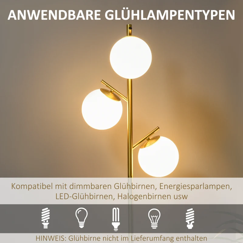 HOMCOM Vloerlamp in retrostijl, staande lamp, vloerlamp met 3 lampenkappen, glas, goud