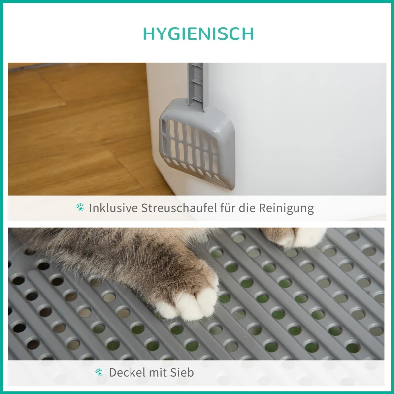 PawHut Kattenbak, 2-weg kattenbak, inclusief kattenbakschep, wit + grijs