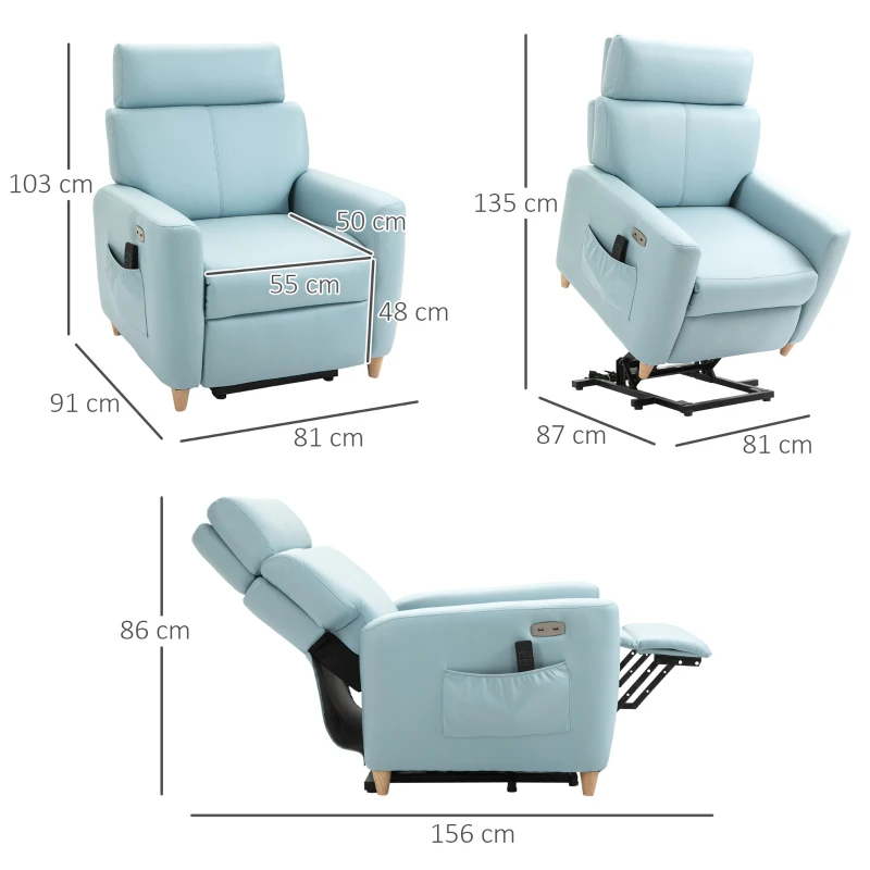 HOMCOM Sillón Levanta Personas con Reclinación 143° USB Reposacabezas Ajustable Carga 150 kg 81x91x103 cm Azul
