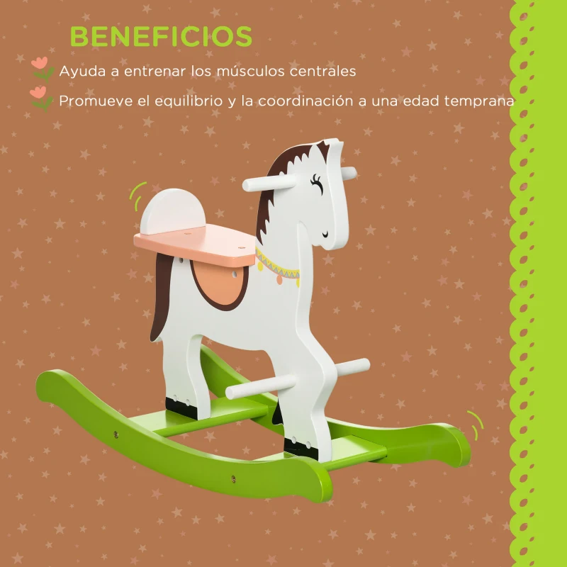 HOMCOM Caballito Balancín para Niños de 1-3 Años de Madera con Manillar y Pedales Carga 50 kg 68x27x50 cm Blanco y Verde