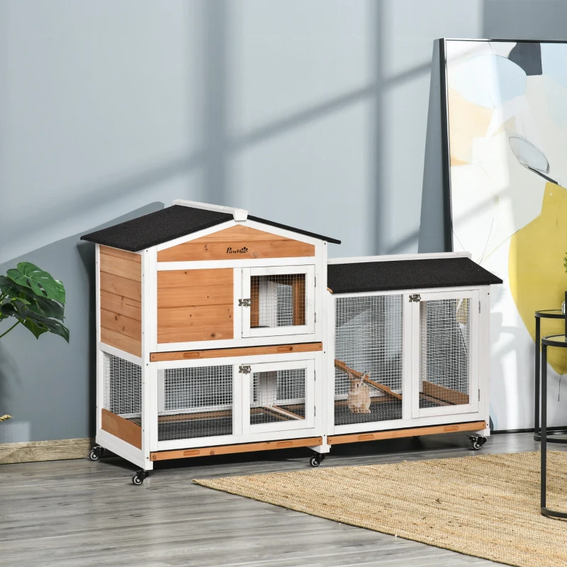 PawHut Rabbit Hutch Outdoor with Run Guinea Pig Hutch 2-Tier Bunny Cage w/ Wheels No-Leak Plastic Tray 157.4 x 53 x 99.5 cm - Yellow(m-10)