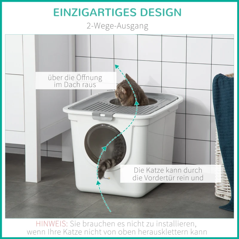PawHut Kattenbak, 2-weg kattenbak, inclusief kattenbakschep, wit + grijs