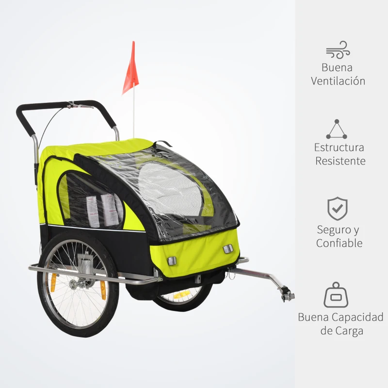 HOMCOM Remolque de Bicicleta para Niños de 2 Plazas con Amortiguadores para Correr con Barra y Kit de Footing 142x85x105 cm Verde