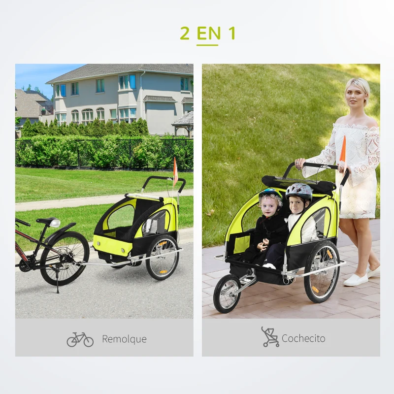 HOMCOM Remolque de Bicicleta para Niños de 2 Plazas con Amortiguadores para Correr con Barra y Kit de Footing 142x85x105 cm Verde