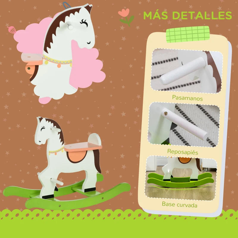 HOMCOM Caballito Balancín para Niños de 1-3 Años de Madera con Manillar y Pedales Carga 50 kg 68x27x50 cm Blanco y Verde