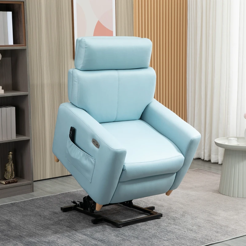 HOMCOM Sillón Levanta Personas con Reclinación 143° USB Reposacabezas Ajustable Carga 150 kg 81x91x103 cm Azul