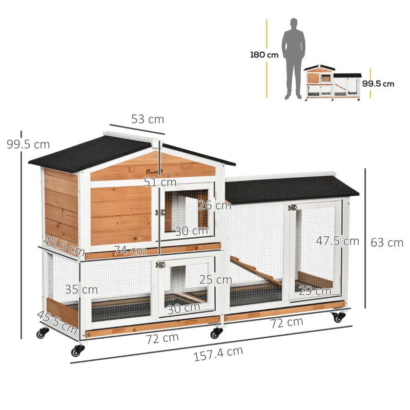 PawHut Rabbit Hutch Outdoor with Run Guinea Pig Hutch 2-Tier Bunny Cage w/ Wheels No-Leak Plastic Tray 157.4 x 53 x 99.5 cm - Yellow(m-3)