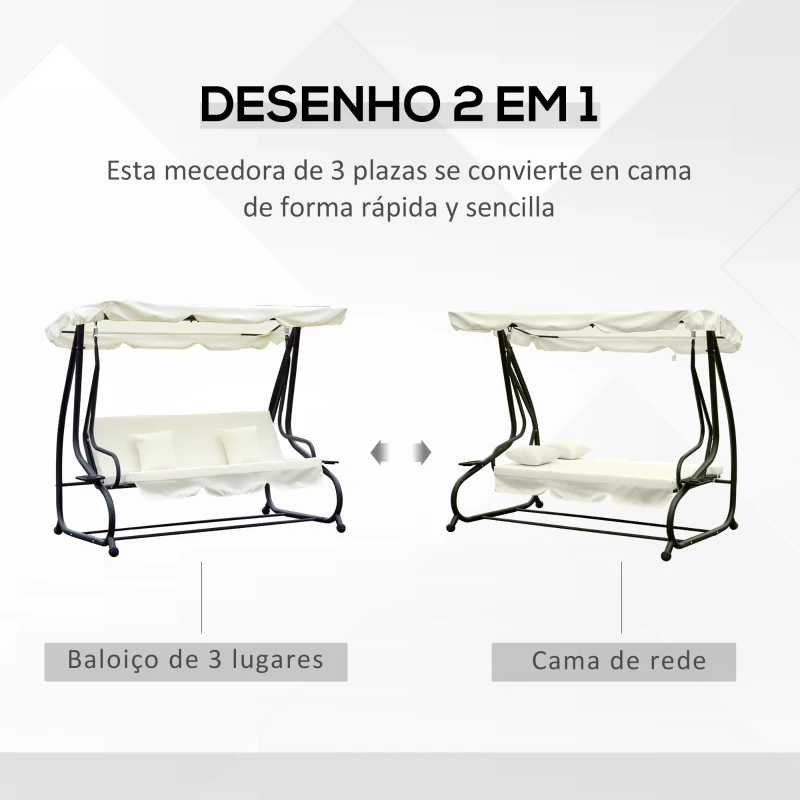Outsunny Banco Baloiço Jardim 3 Lugares Convertível em Cama com Teto Ajustável e Bandeja para Bebidas 200x120x164 cm Bege