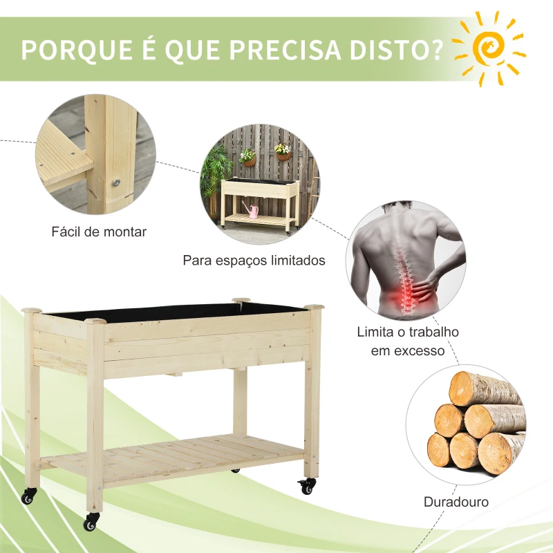Outsunny Horta Vertical Mesa de Cultivo Elevada com Prateleira Tecido Geotextil Rodas com Freios Portátil para Jardim Terraço 118x55x83cm Madeira Natural