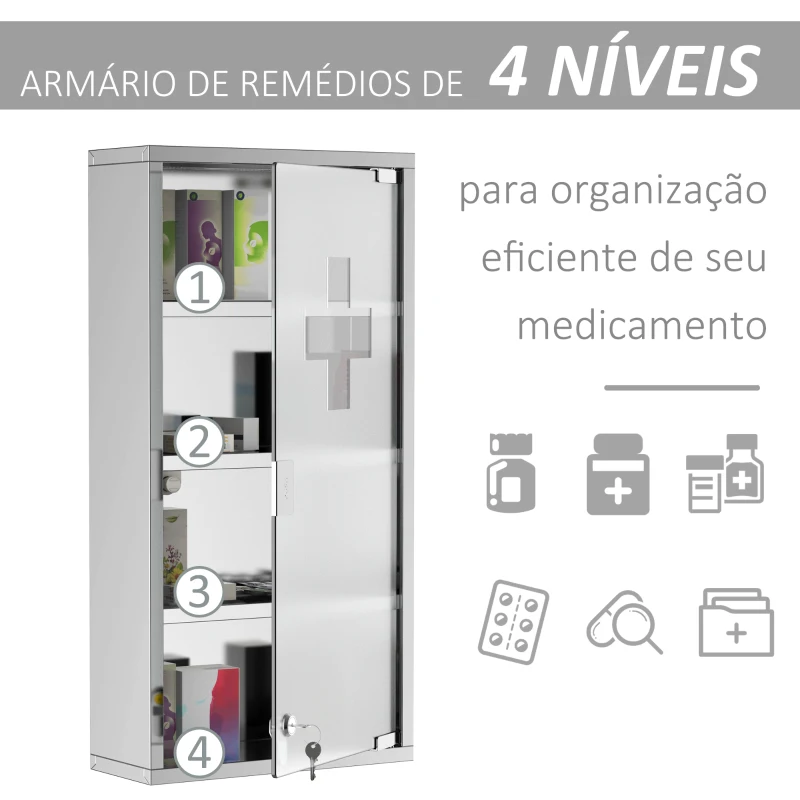 HOMCOM Kit de primeiros socorros em aço inoxidável para medicamentos 60x30x12cm prata