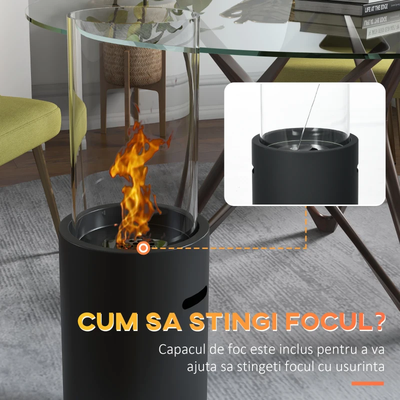 HOMCOM Semineu cu Etanol fara Aerisire, Soba Semineu Independent cu Rezervor de 0,3L, Acoperire de Incalzire de 15 mp, Arde pana la 2 ore, Negru