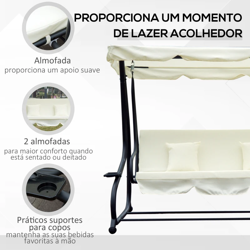 Outsunny Banco Baloiço Jardim 3 Lugares Convertível em Cama com Teto Ajustável e Bandeja para Bebidas 200x120x164 cm Bege