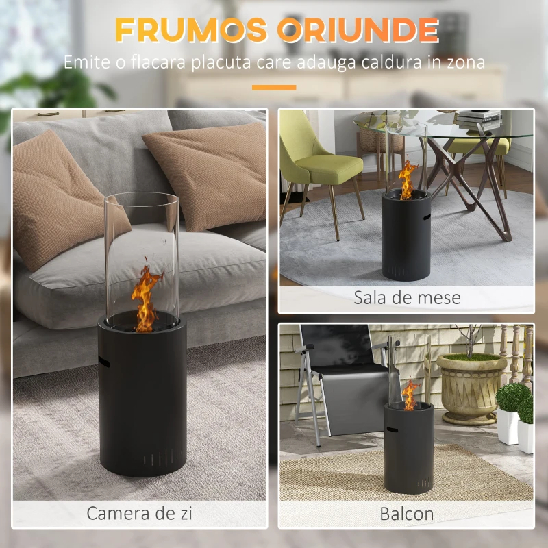 HOMCOM Semineu cu Etanol fara Aerisire, Soba Semineu Independent cu Rezervor de 0,3L, Acoperire de Incalzire de 15 mp, Arde pana la 2 ore, Negru
